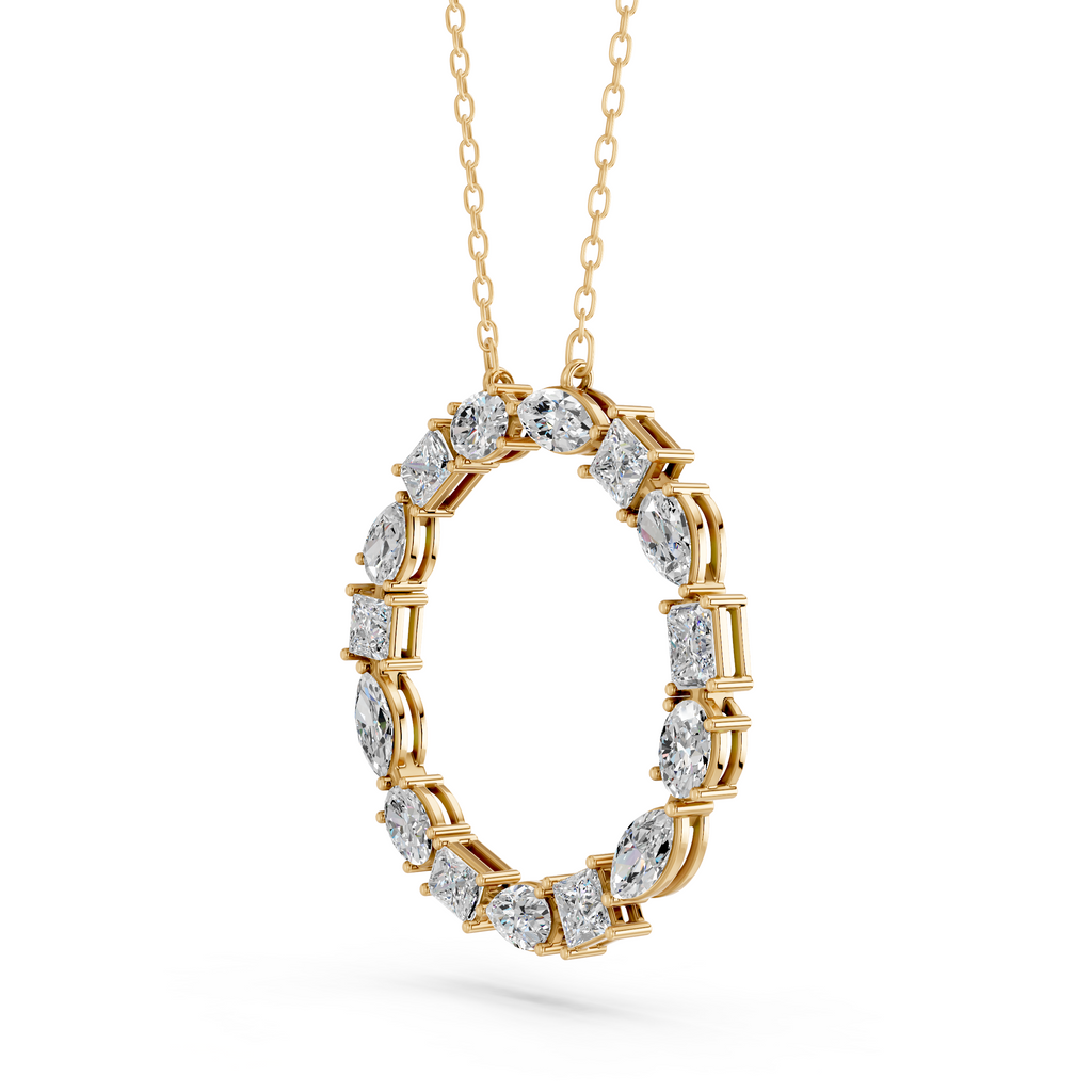 Multi Shape Lab Diamond Circle Pendant in 14K Yellow Gold – angled view