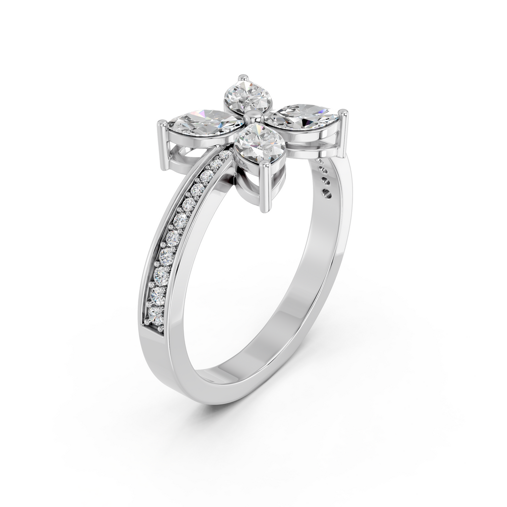 Marquise Shape Lab Diamond Flower Ring in 14K White Gold – angled view