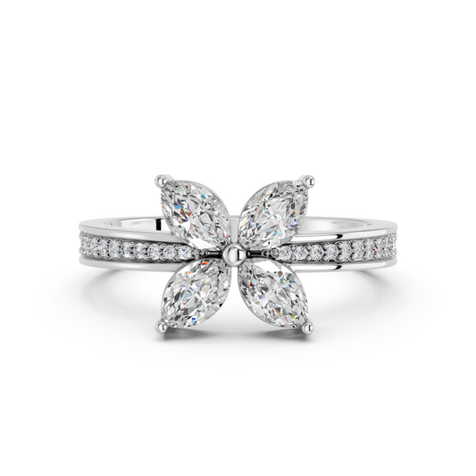 Marquise Shape Lab Diamond Flower Ring in 14K White Gold – top view