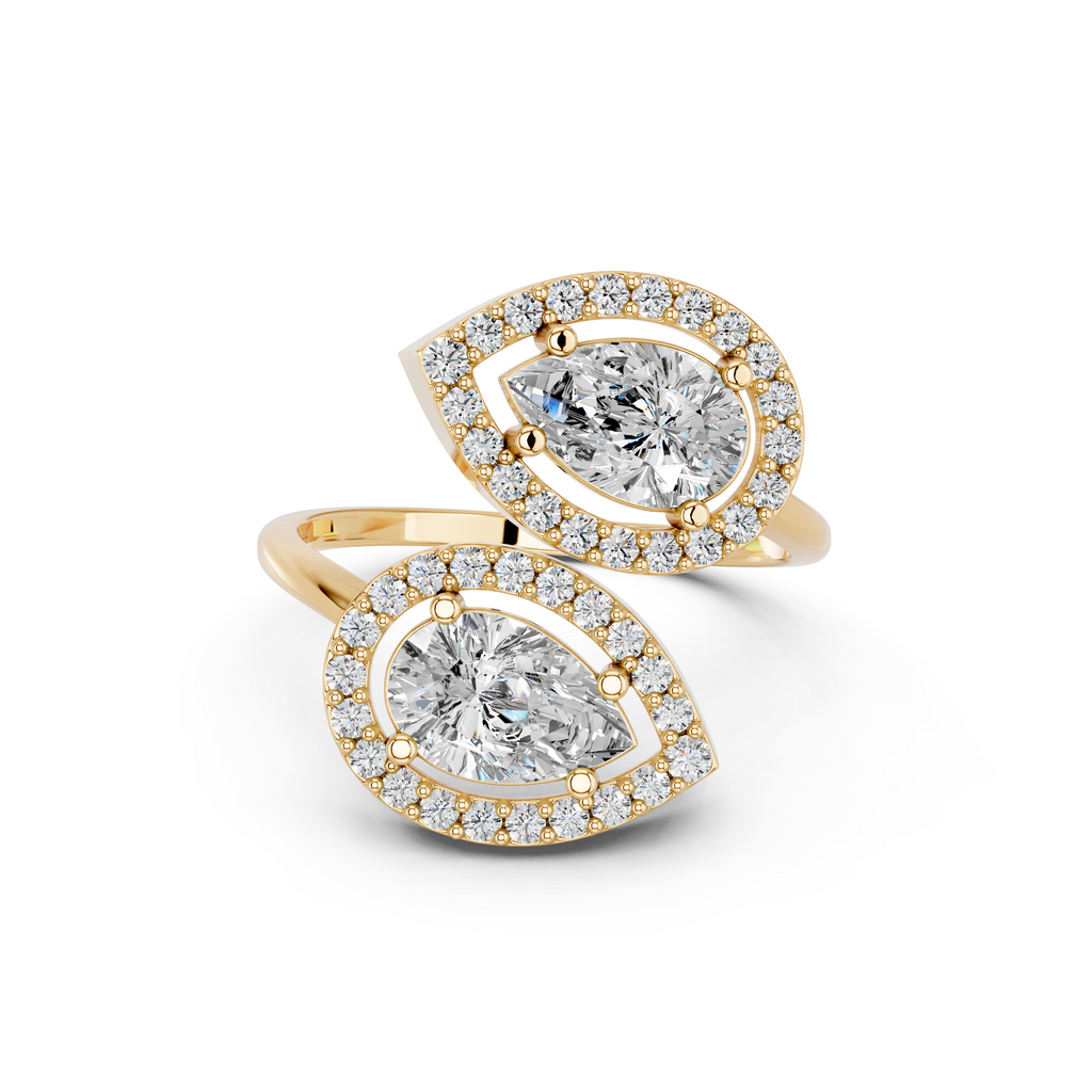 Pear Shape Lab Diamond 2 Stone Ring in 14K Yellow Gold – top view