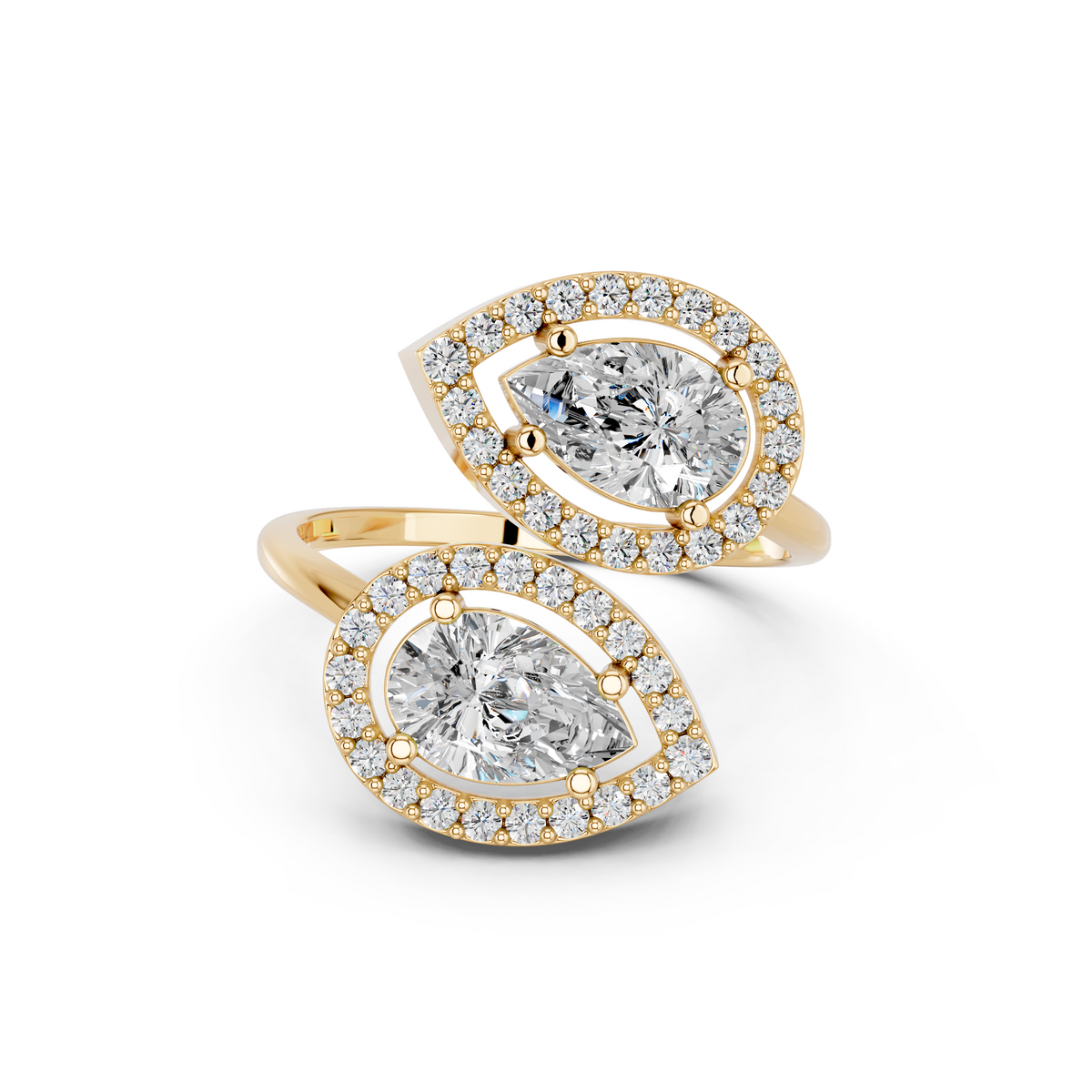 Pear Shape Lab Diamond 2 Stone Ring in 14K Yellow Gold – top view