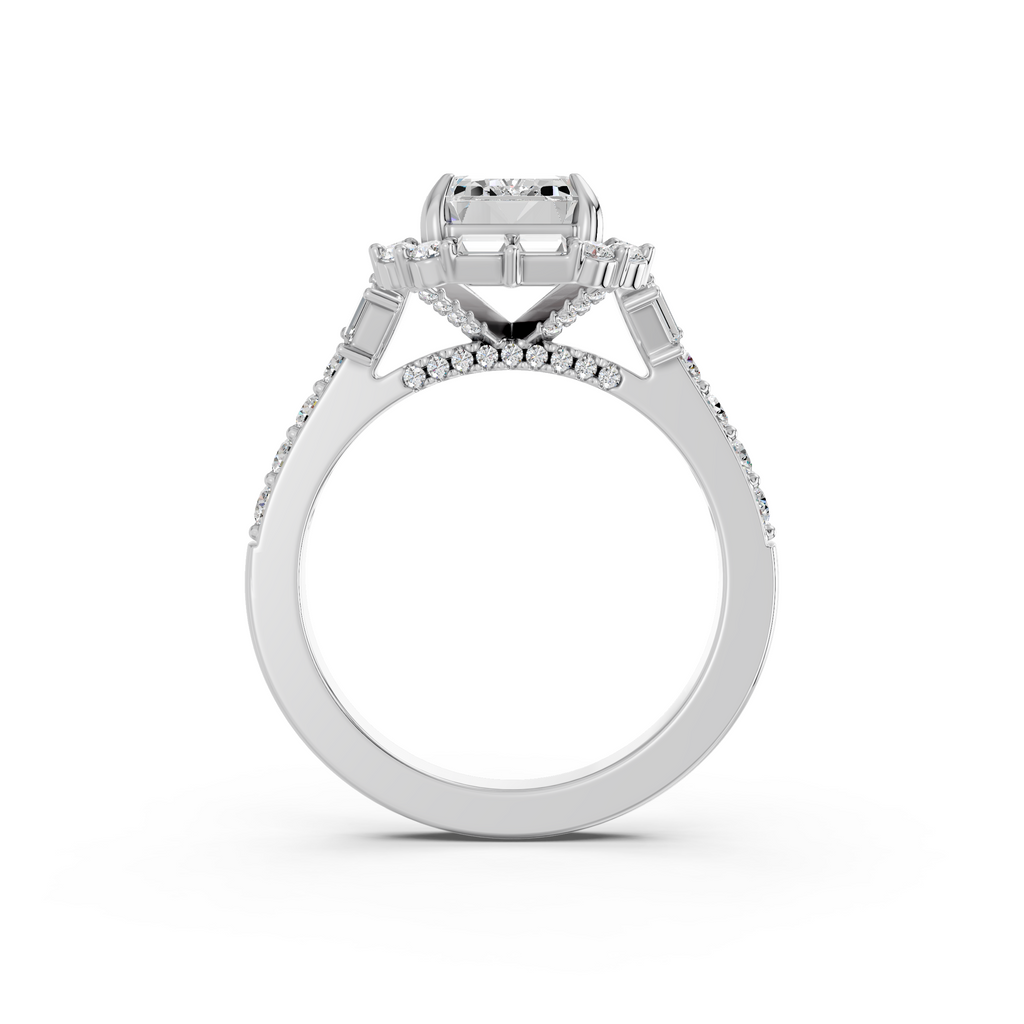 Emerald Cut Lab Diamond Halo Ring in 14K White Gold – front view