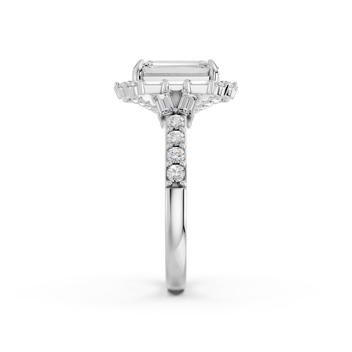Emerald Cut Lab Diamond Halo Ring in 14K White Gold – reverse view