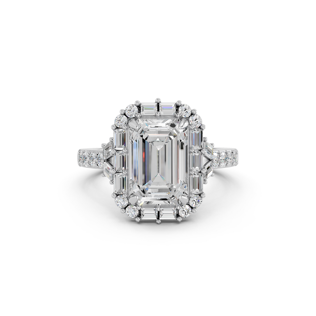 Emerald Cut Lab Diamond Halo Ring in 14K White Gold – top view