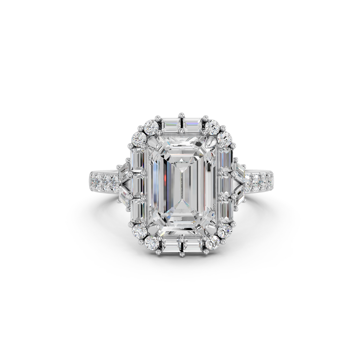 Emerald Cut Lab Diamond Halo Ring in 14K White Gold – top view