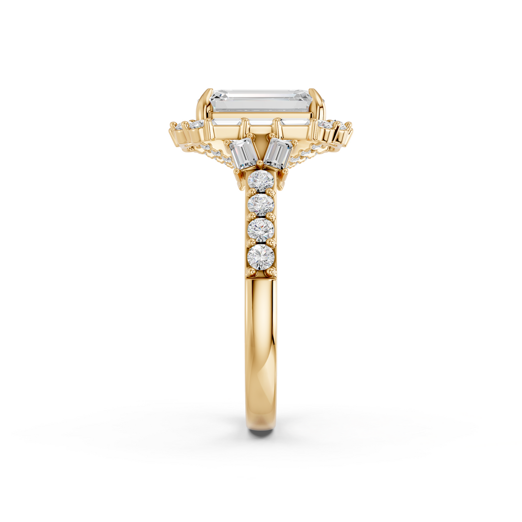 Emerald Cut Lab Diamond Halo Ring in 14K Yellow Gold – reverse view