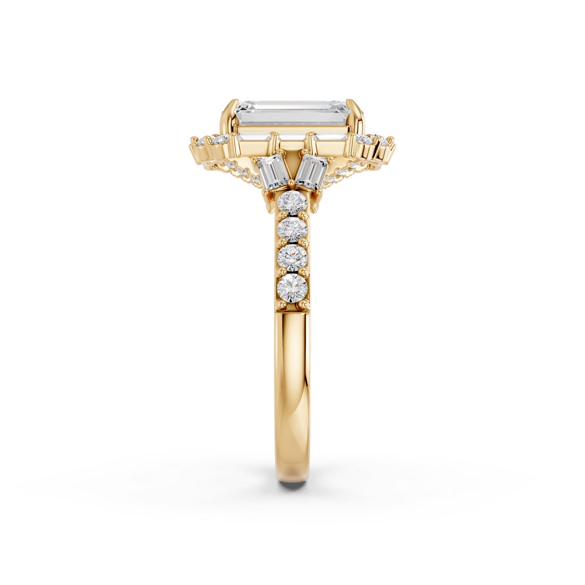Emerald Cut Lab Diamond Halo Ring in 14K Yellow Gold – reverse view