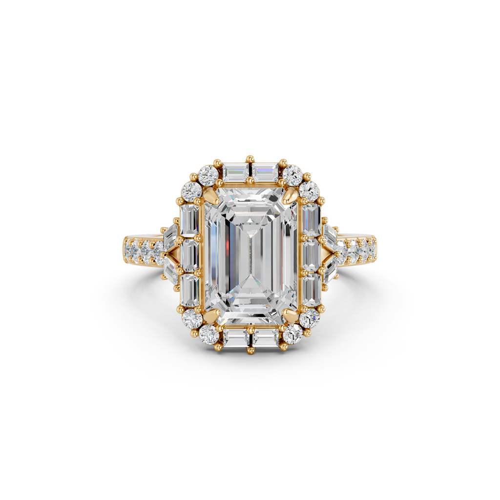 Emerald Cut Lab Diamond Halo Ring in 14K Yellow Gold – top view