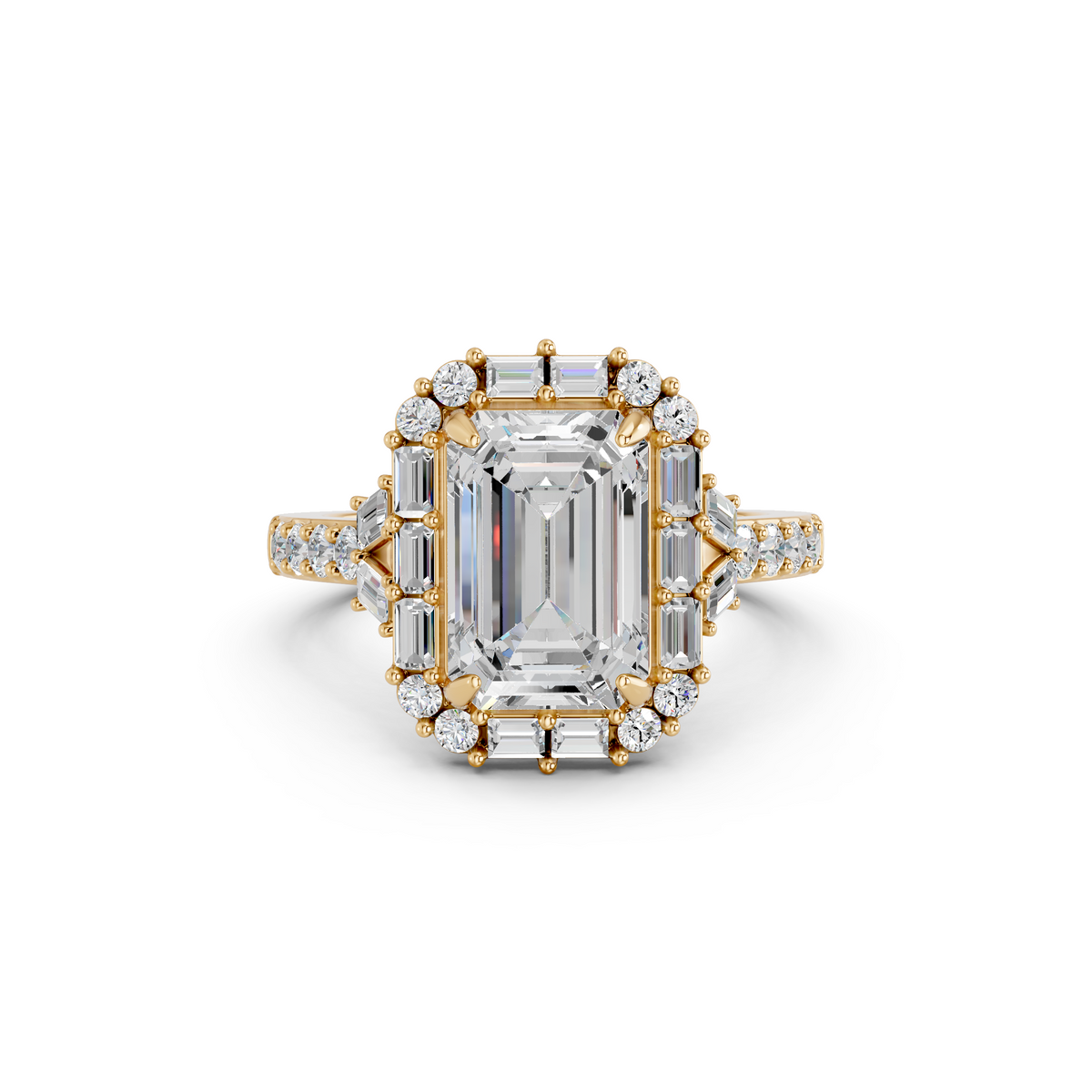 Emerald Cut Lab Diamond Halo Ring in 14K Yellow Gold – top view
