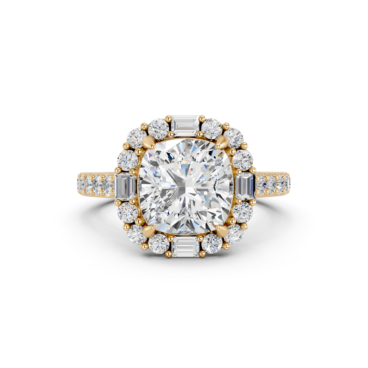 Cushion Lab Diamond Halo Ring in 14K Yellow Gold – top view