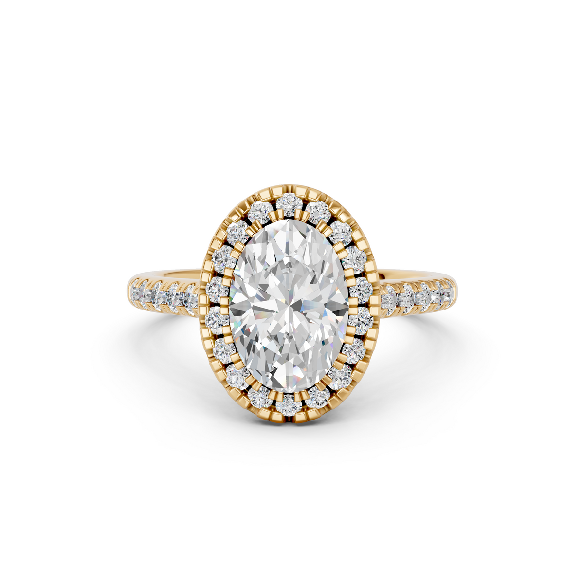 Oval Lab Diamond Halo Ring in 14K Yellow Gold – top view