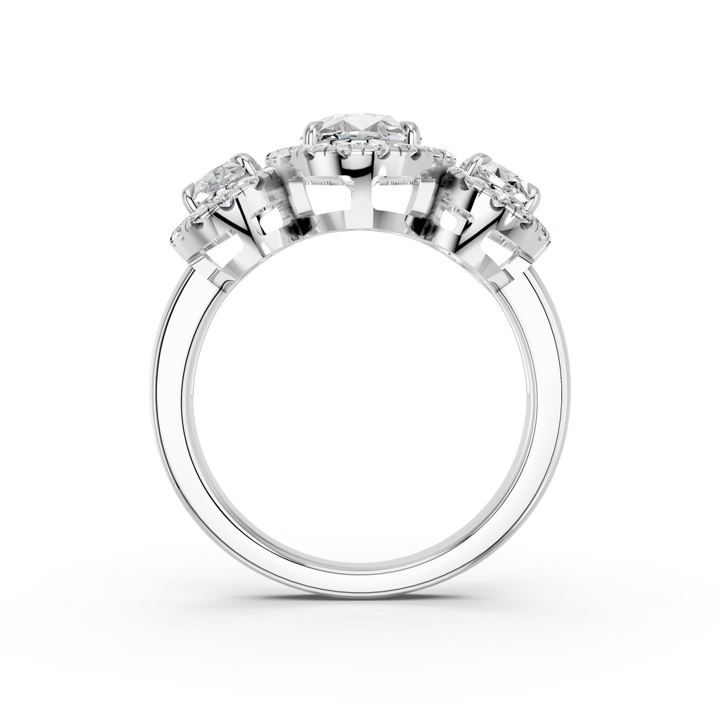 Moval Lab Diamond 3 Stone Halo Ring in 14K White Gold – front view