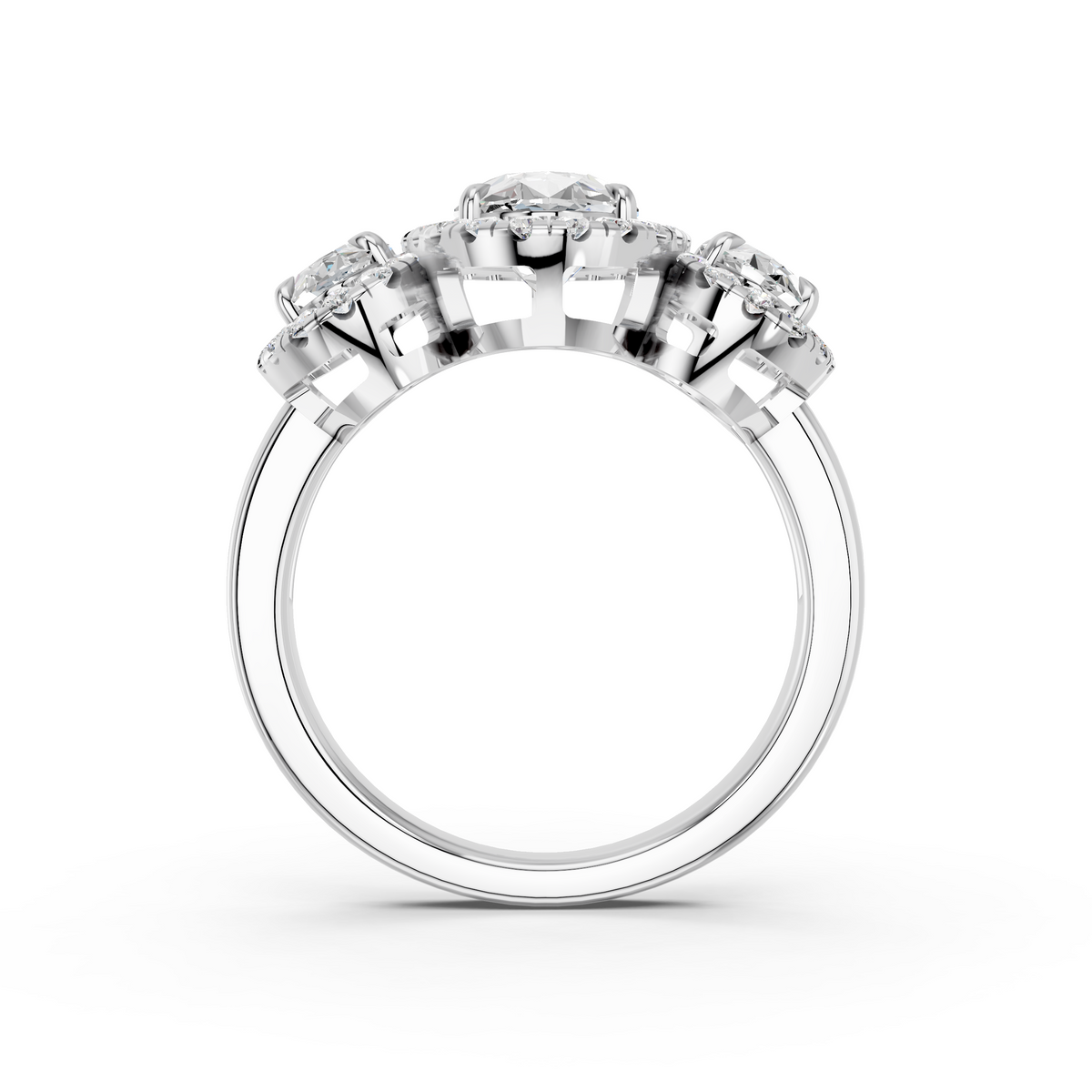Moval Lab Diamond 3 Stone Halo Ring in 14K White Gold – front view