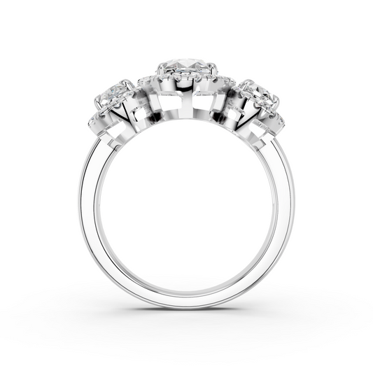 Moval Lab Diamond 3 Stone Halo Ring in 14K White Gold – front view