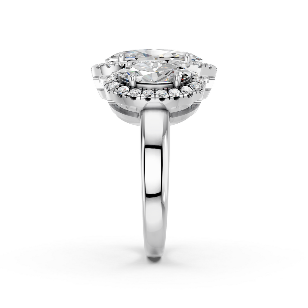 Moval Lab Diamond 3 Stone Halo Ring in 14K White Gold – reverse view