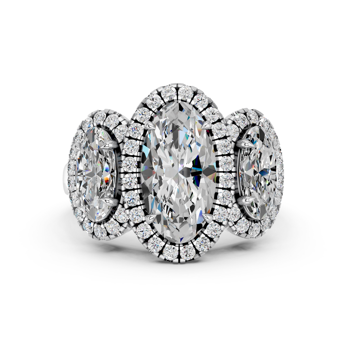 Moval Lab Diamond 3 Stone Halo Ring in 14K White Gold – top view