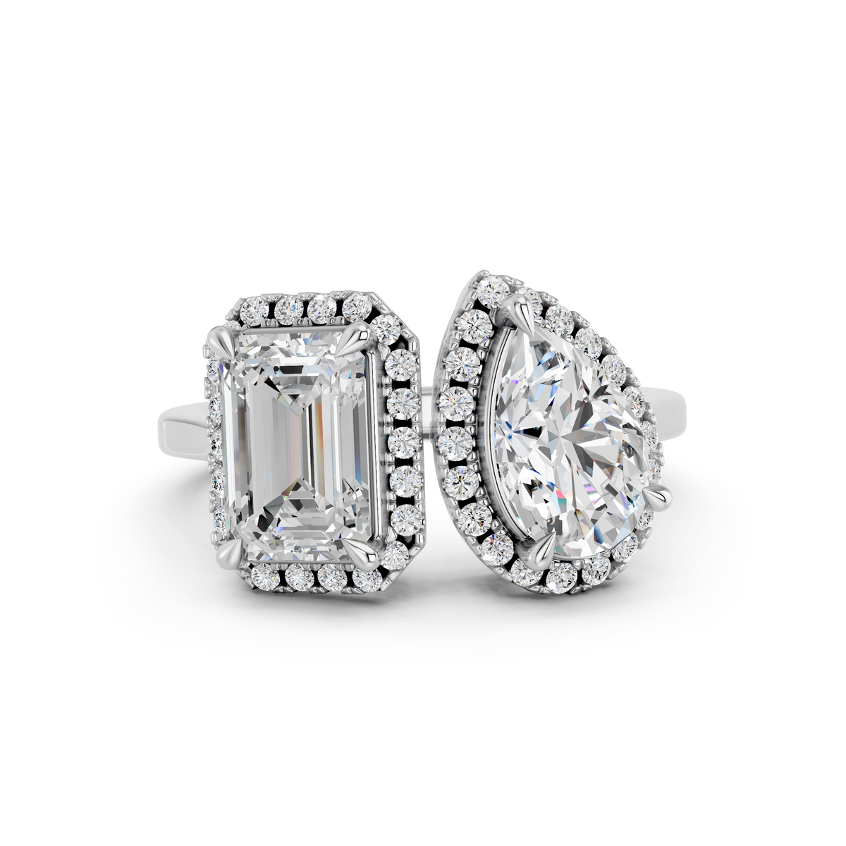 Emerald Cut And Pear Lab Diamond 2 Stone Ring in 14K White Gold – top view