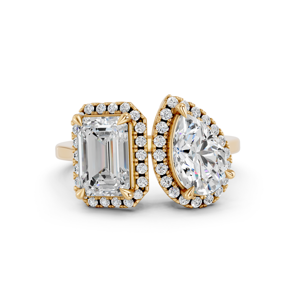 Emerald Cut And Pear Lab Diamond 2 Stone Ring in 14K Yellow Gold – top view