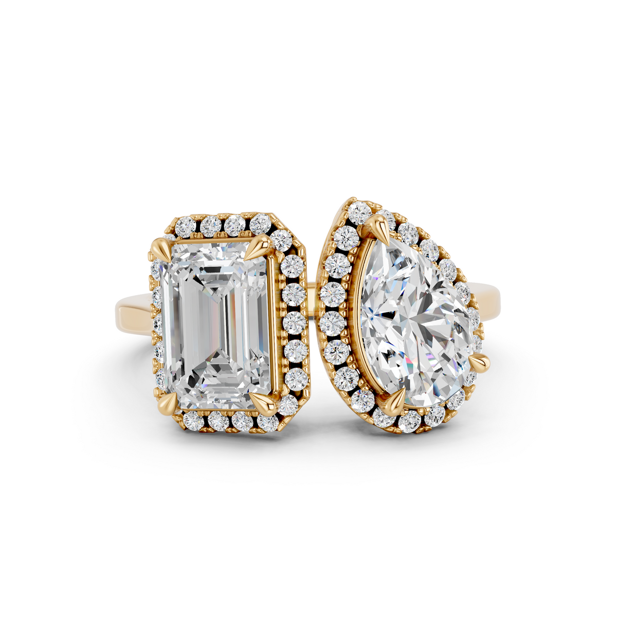 Emerald Cut And Pear Lab Diamond 2 Stone Ring in 14K Yellow Gold – top view