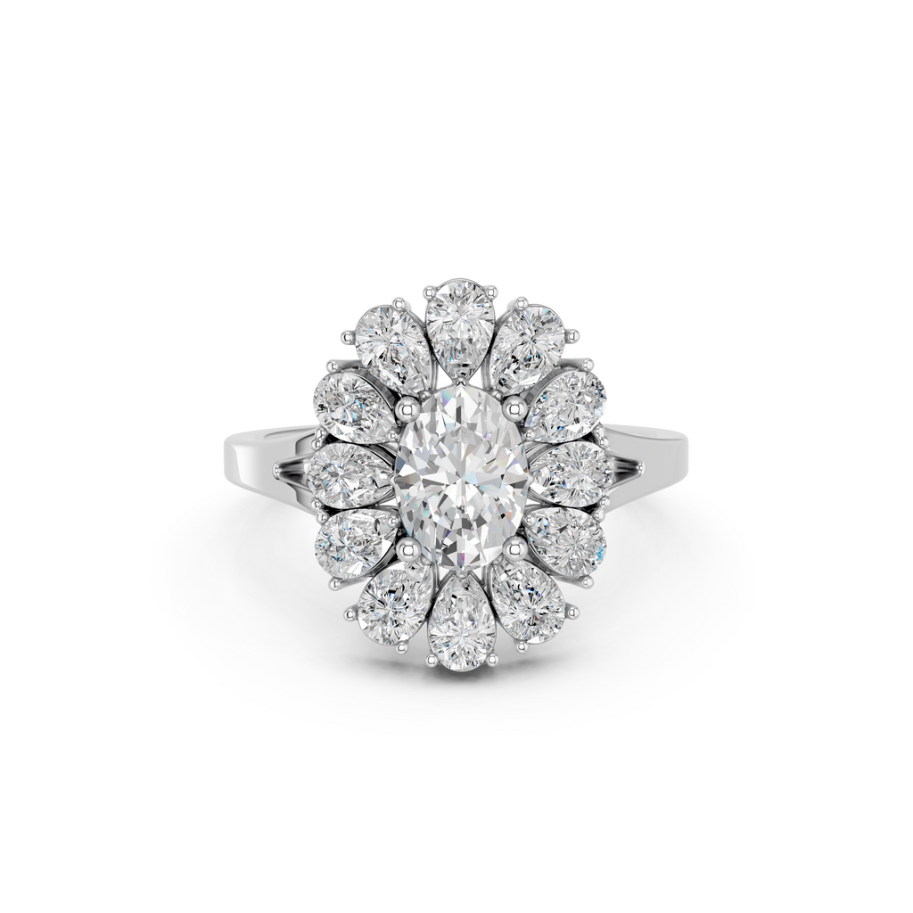 Oval And Pear Lab Diamond Cocktail Ring in 14K White Gold – top view