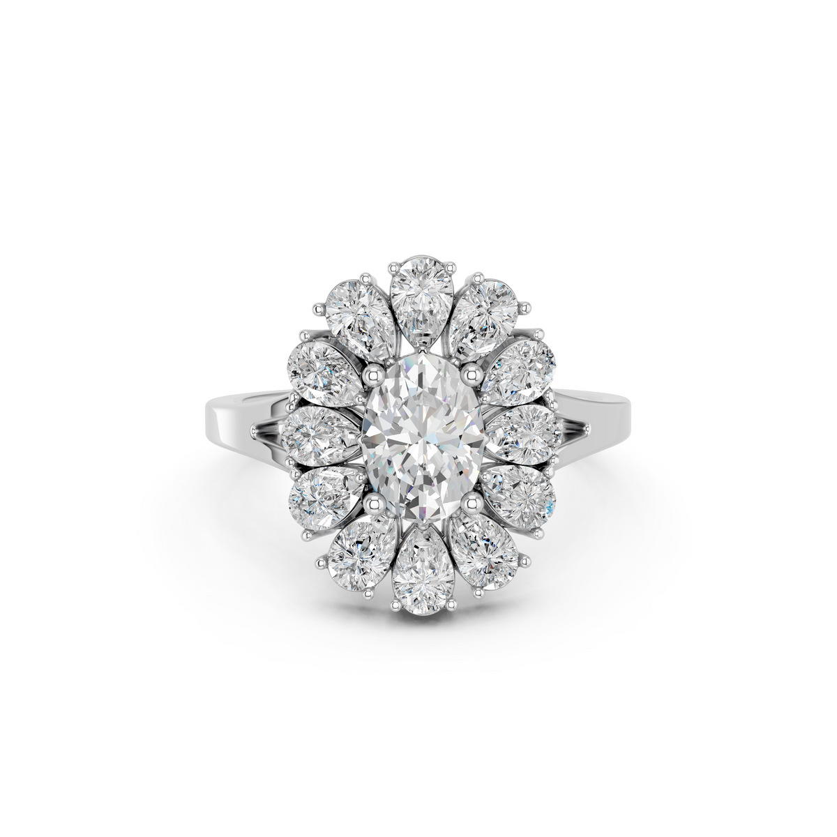 Oval And Pear Lab Diamond Cocktail Ring in 14K White Gold – top view