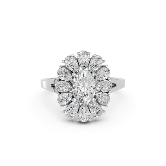 Oval And Pear Lab Diamond Cocktail Ring in 14K White Gold – top view