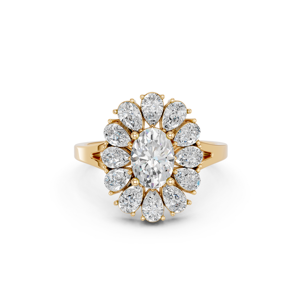 Oval And Pear Lab Diamond Cocktail Ring in 14K Yellow Gold – top view