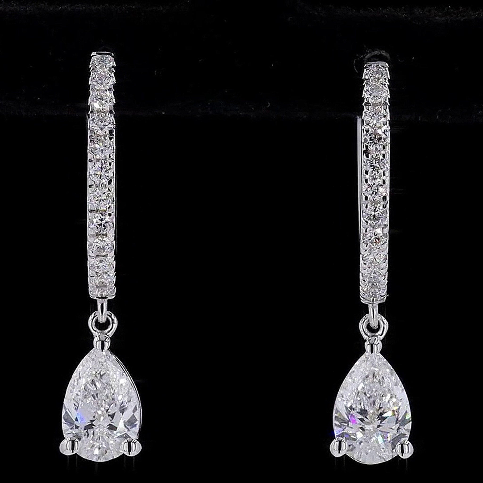 1.3Ct DIAMOND PAVE HOOP EARRINGS WITH PEAR SOLITAIRE DIAMOND DROPS