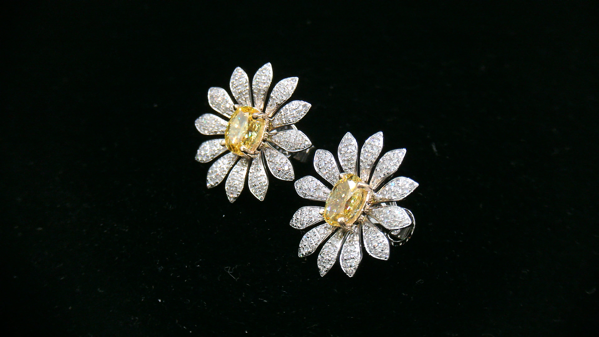 Pair of daisy-shaped diamond earrings with yellow diamond center stone 