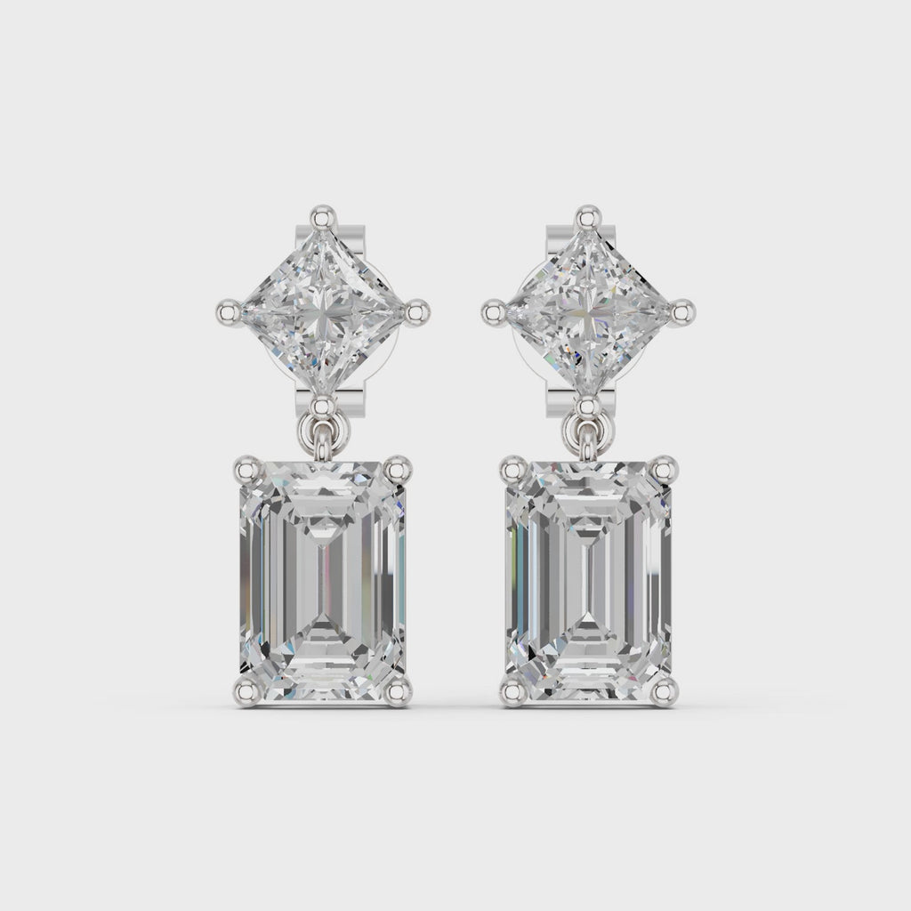 Emerald Cut And Princess Cut Lab Diamond Dangle Drop Earring in 14K White Gold – video