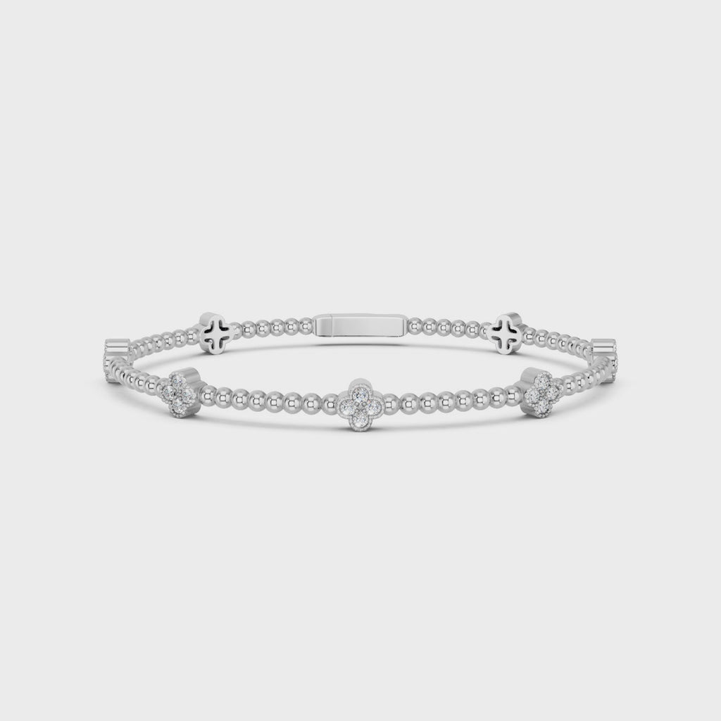 Round Lab Diamond Clover Stationed Shape Flexible Bangle in 14K White Gold – video