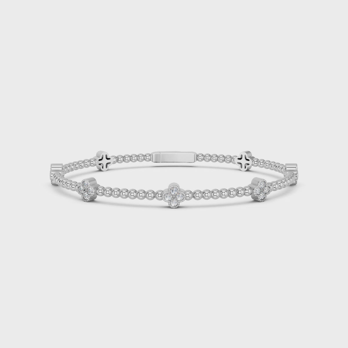 Round Lab Diamond Clover Stationed Shape Flexible Bangle in 14K White Gold – video