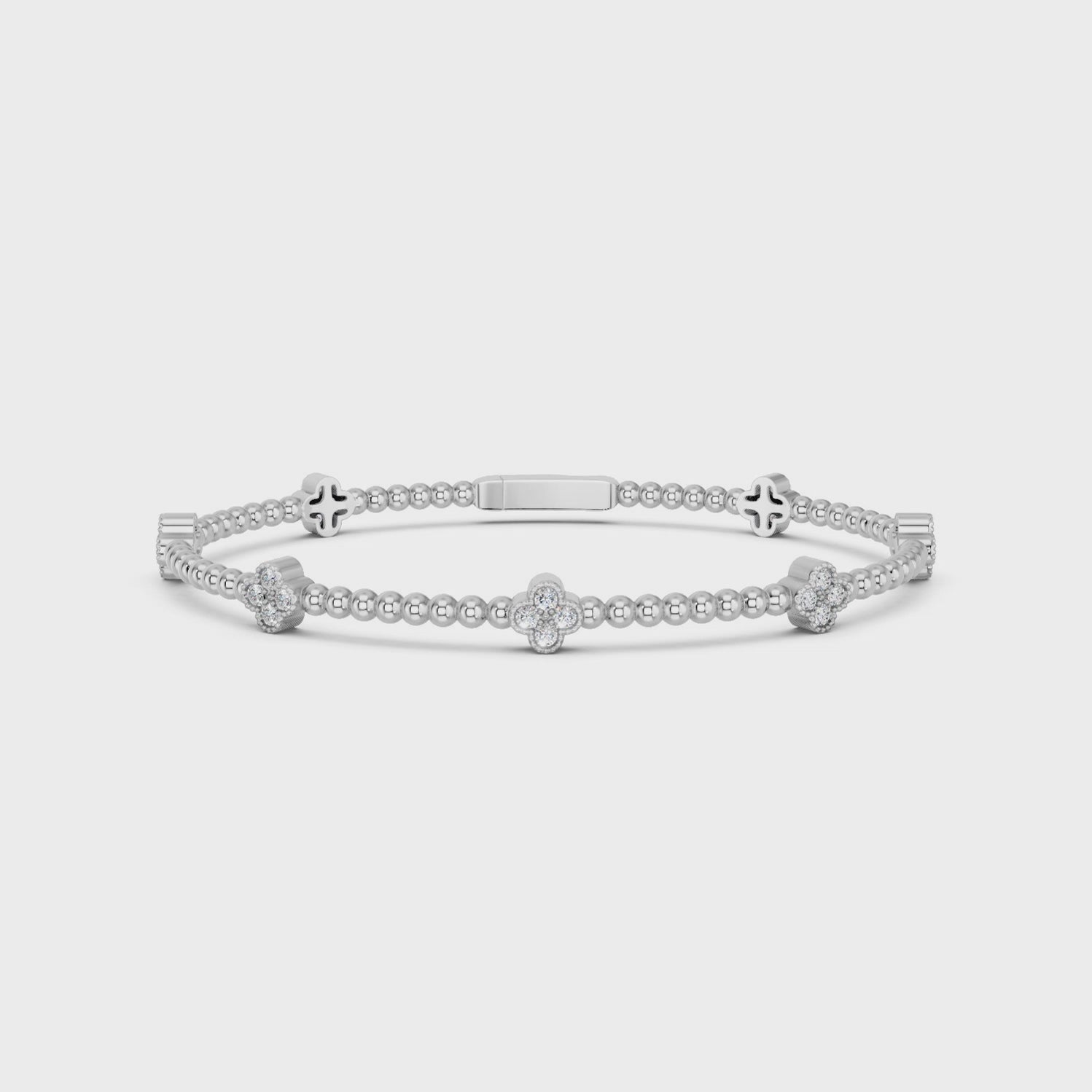 Round Lab Diamond Clover Stationed Shape Flexible Bangle in 14K White Gold – video