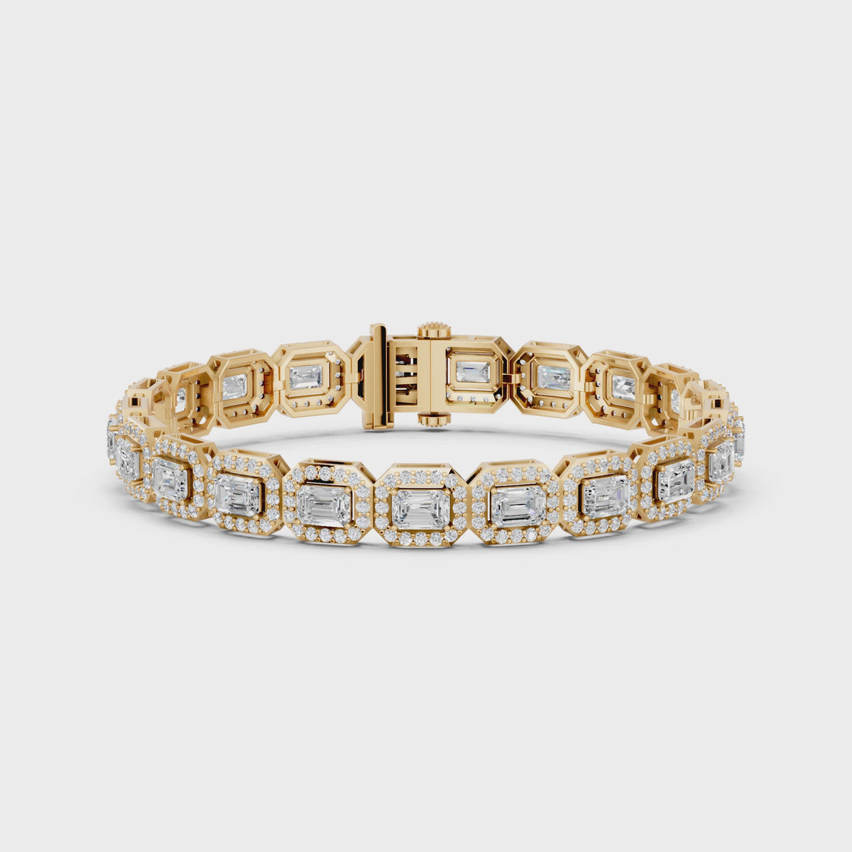 Emerald Cut Lab Diamond E-W Halo Tennis Bracelet in 14K Yellow Gold – video