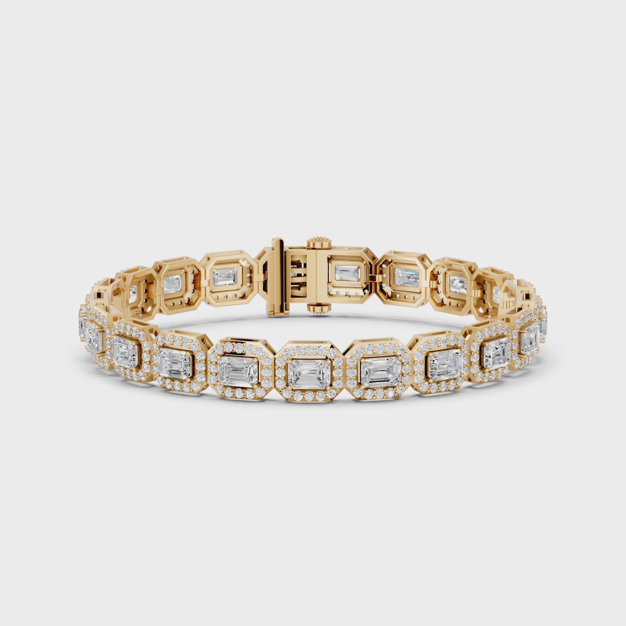 Emerald Cut Lab Diamond E-W Halo Tennis Bracelet in 14K Yellow Gold – video