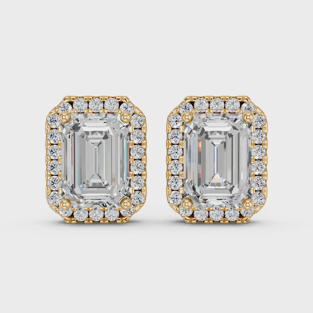 Emerald Cut Lab Diamond Halo Stud in 14K Yellow Gold – video
