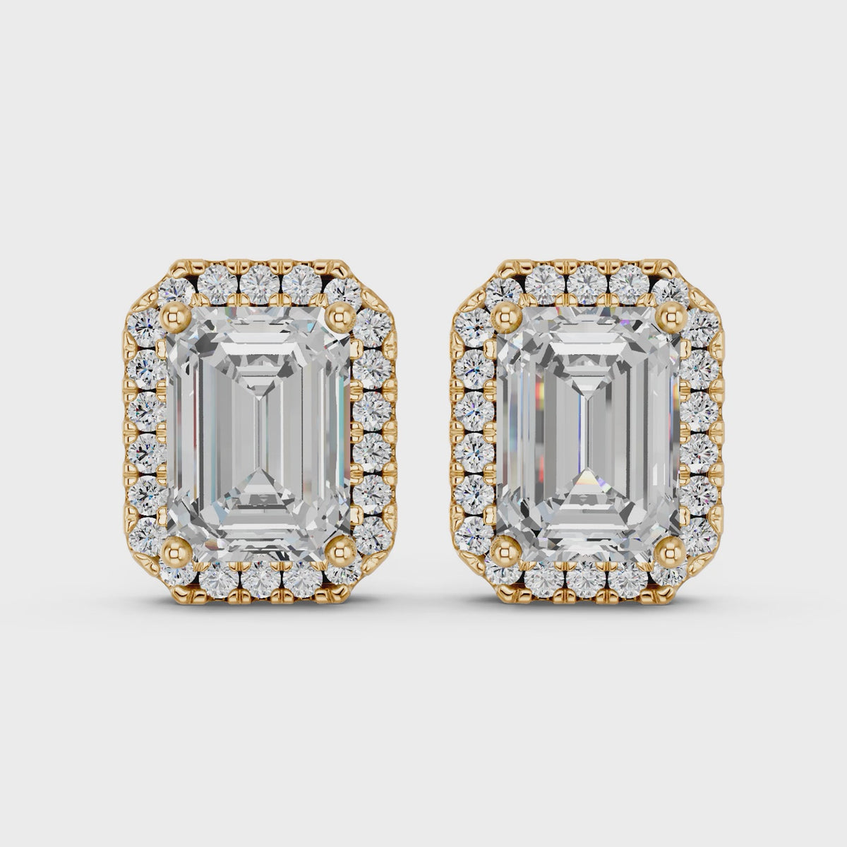 Emerald Cut Lab Diamond Halo Stud in 14K Yellow Gold – video