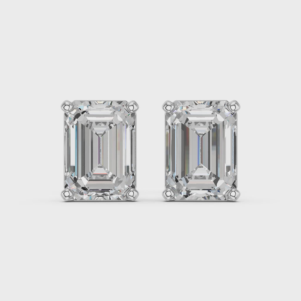 Emerald Cut Lab Diamond Solitaire Stud in 14K White Gold – video