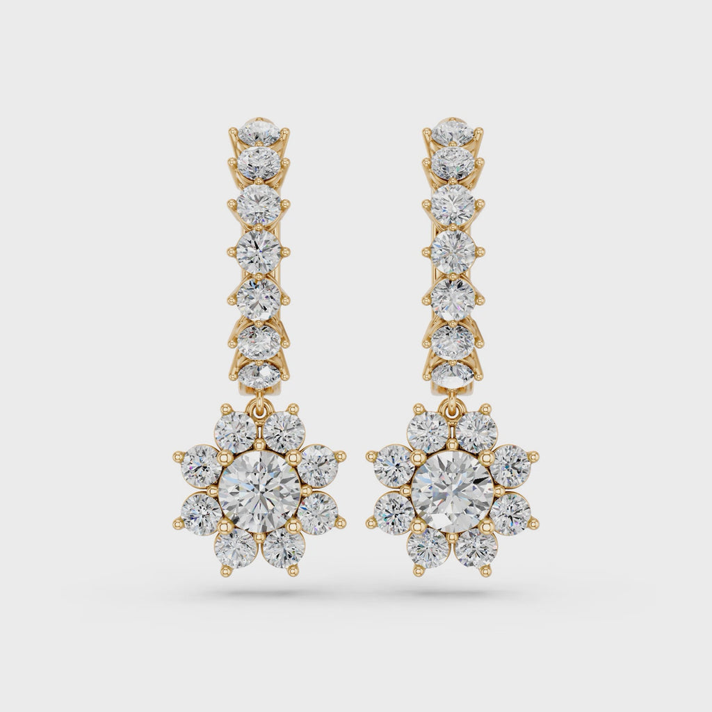Round Lab Diamond Dangle Drop Hoop Earring in 14K Yellow Gold – video