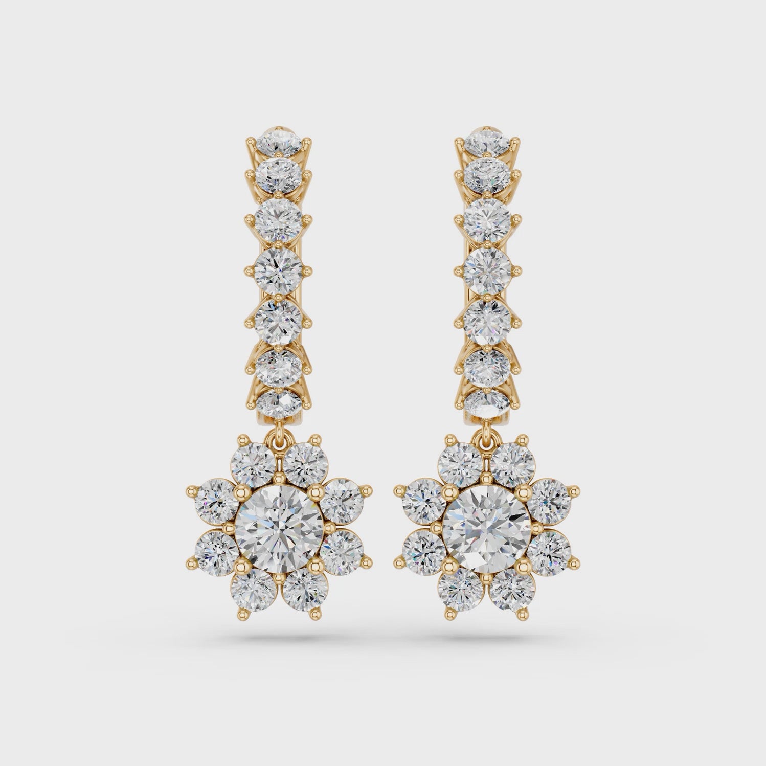 Round Lab Diamond Dangle Drop Hoop Earring in 14K Yellow Gold – video