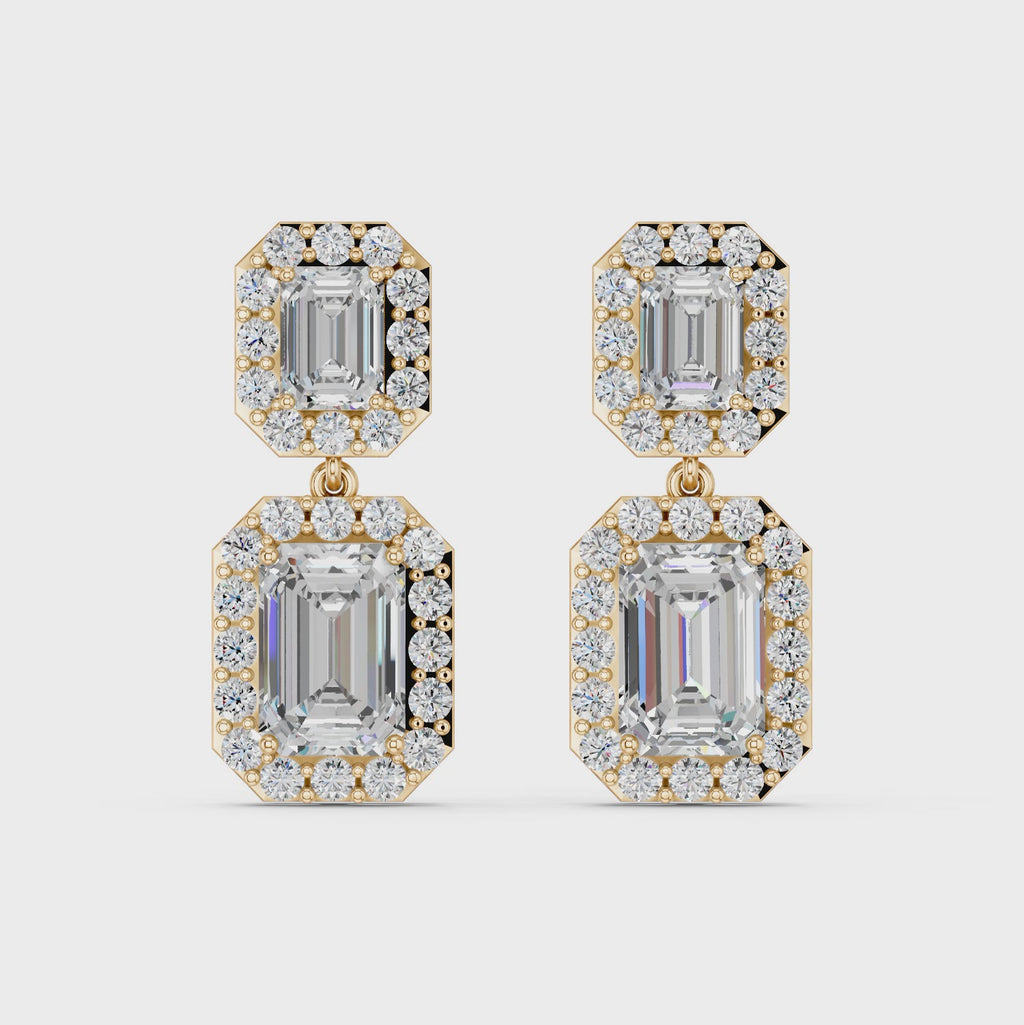 Emerald Cut Dangle Drop Earring in 14K Yellow Gold – video