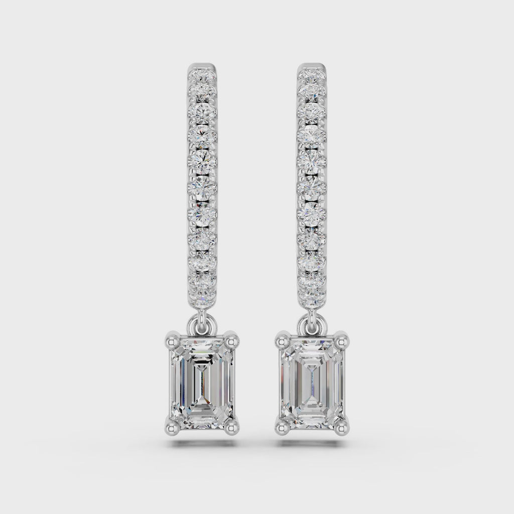 Emerald Cut Lab Diamond Dangle Drop Hoop Earring in 14K White Gold – video