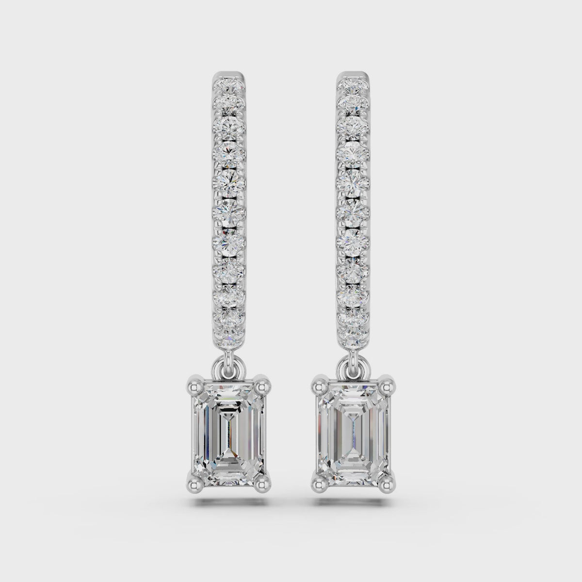 Emerald Cut Lab Diamond Dangle Drop Hoop Earring in 14K White Gold – video