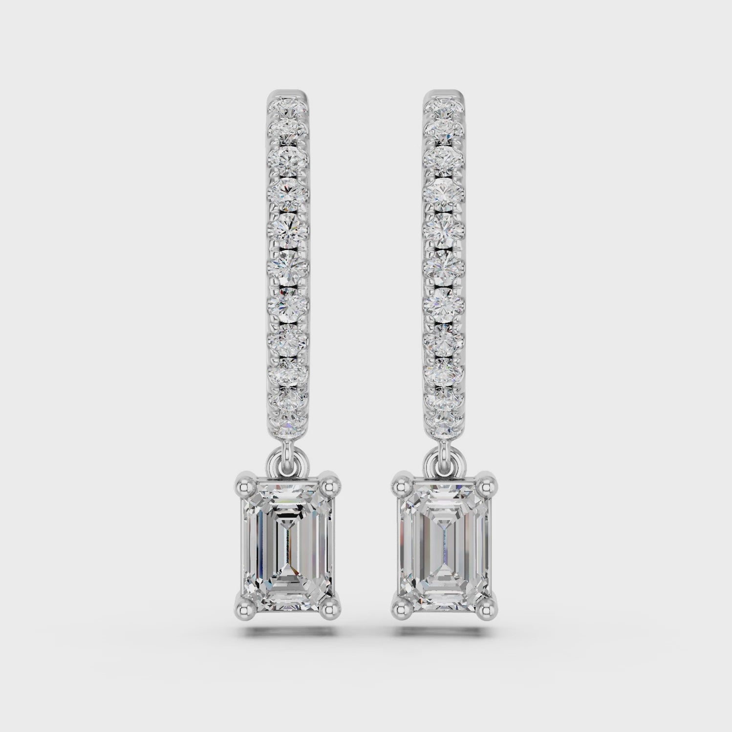 Emerald Cut Lab Diamond Dangle Drop Hoop Earring in 14K White Gold – video