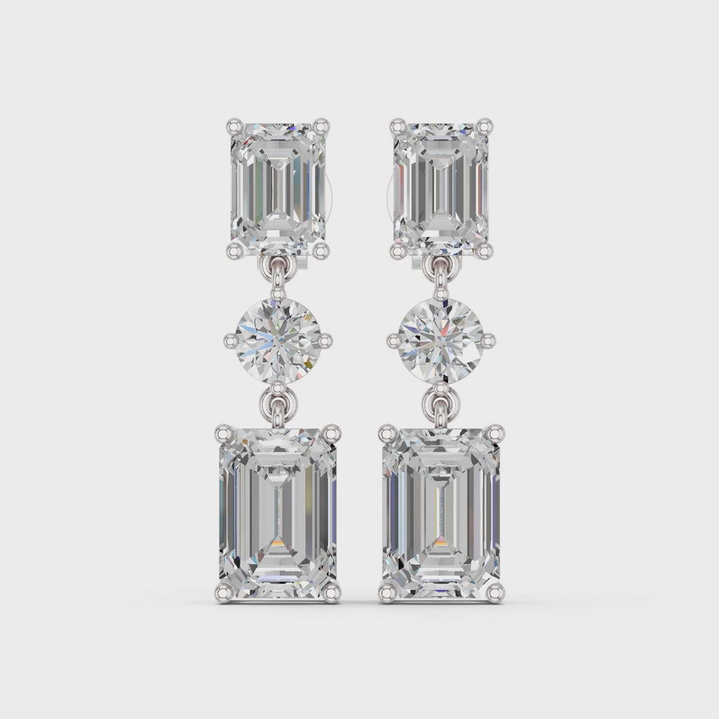 Emerald Cut And Round Lab Diamond Linear Earring in 14K White Gold – video