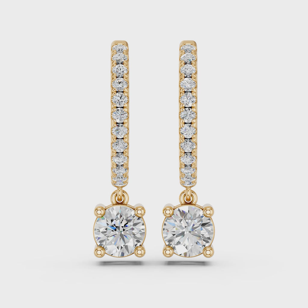 Round Lab Diamond Dangle Drop Hoop Earring in 14K Yellow Gold – video