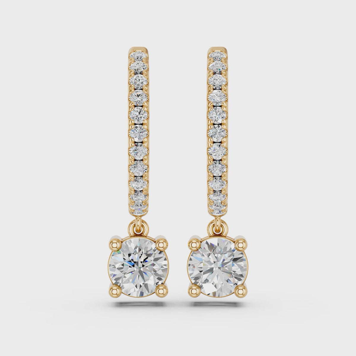 Round Lab Diamond Dangle Drop Hoop Earring in 14K Yellow Gold – video