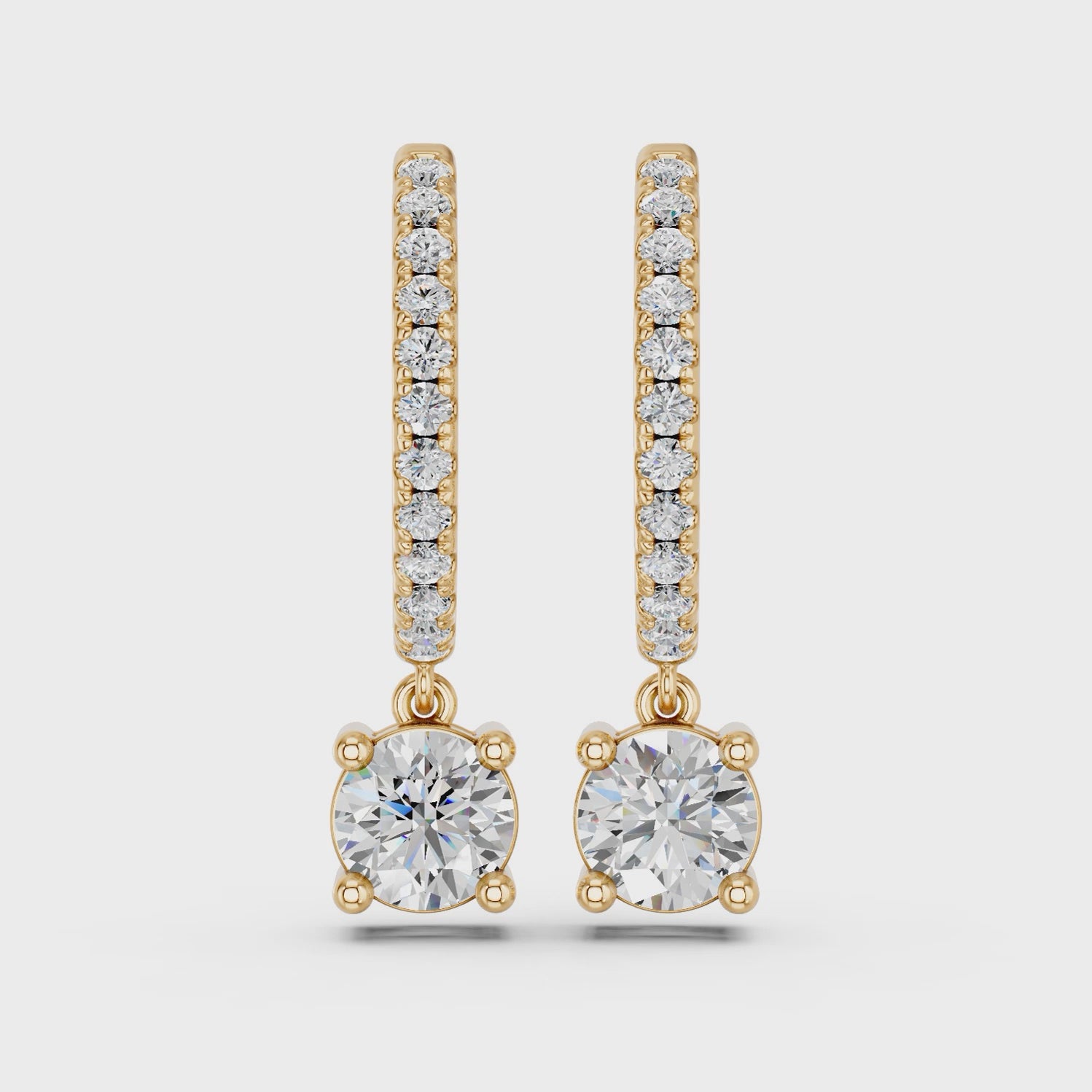 Round Lab Diamond Dangle Drop Hoop Earring in 14K Yellow Gold – video