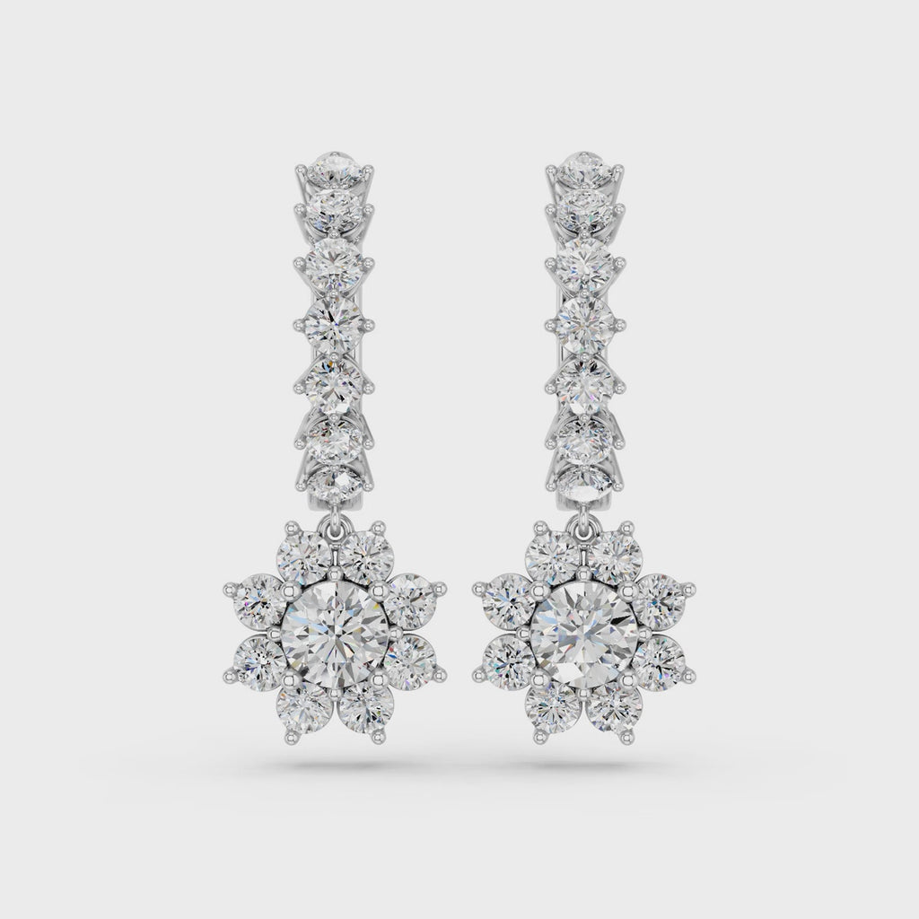 Round Lab Diamond Dangle Drop Hoop Earring in 14K White Gold – video