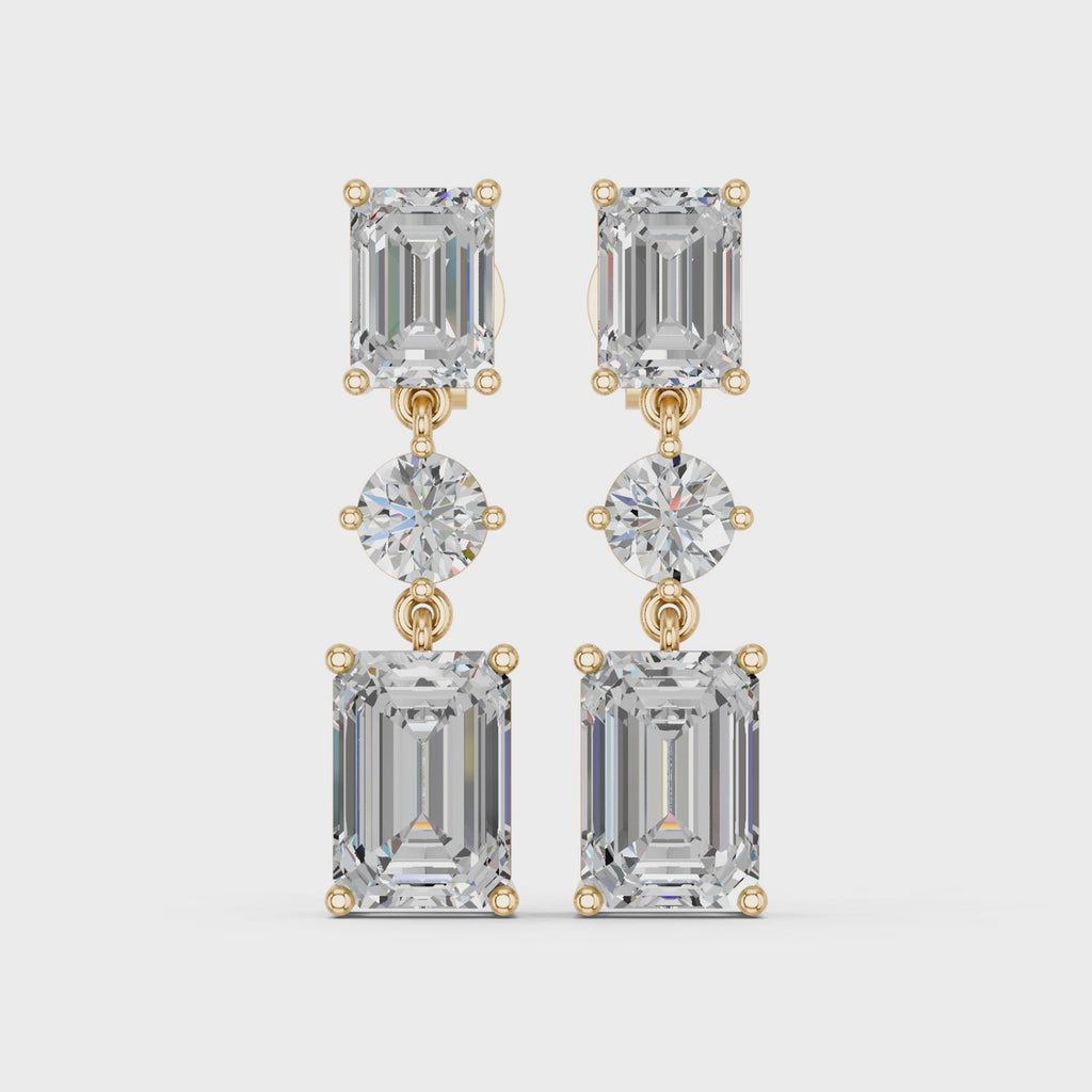 Emerald Cut And Round Lab Diamond Linear Earring in 14K Yellow Gold – video